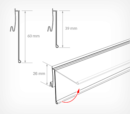 Ценникодержатель полочный для полок ARNEG, с высотой замка 26 мм ARN с замком 26, схема, габариты